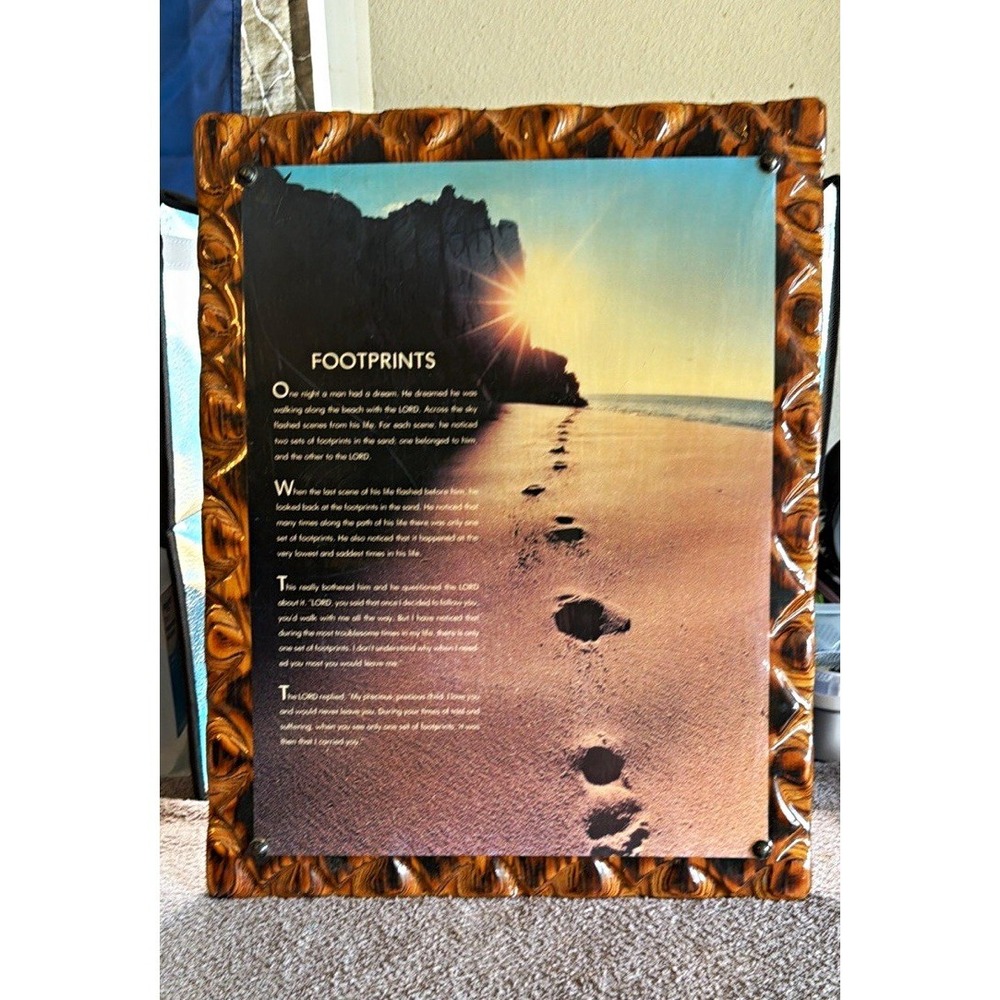 Vintage Footprints Christian Inspirational Beach Wood Framed Wall Plaque. 18x14
